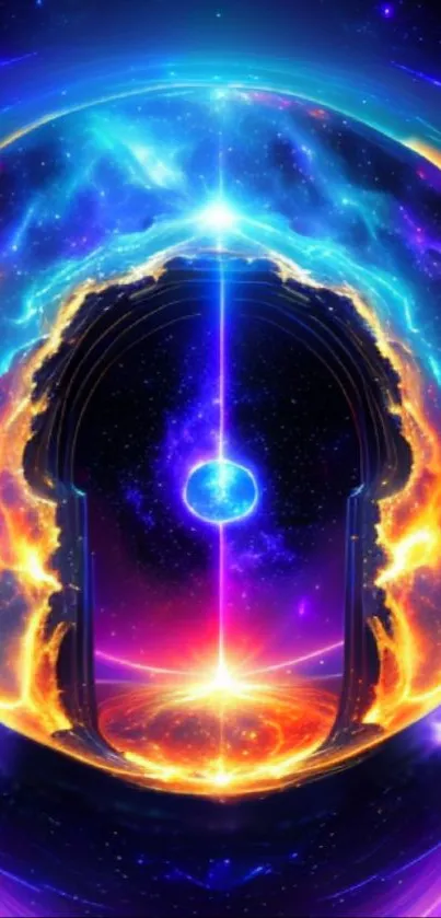 Vibrant cosmic portal wallpaper with blue and orange hues.