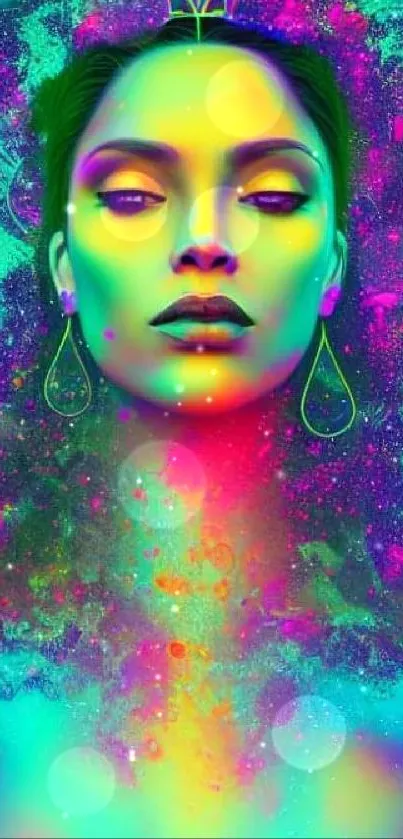 Vibrant cosmic portrait with neon colors and abstract art.