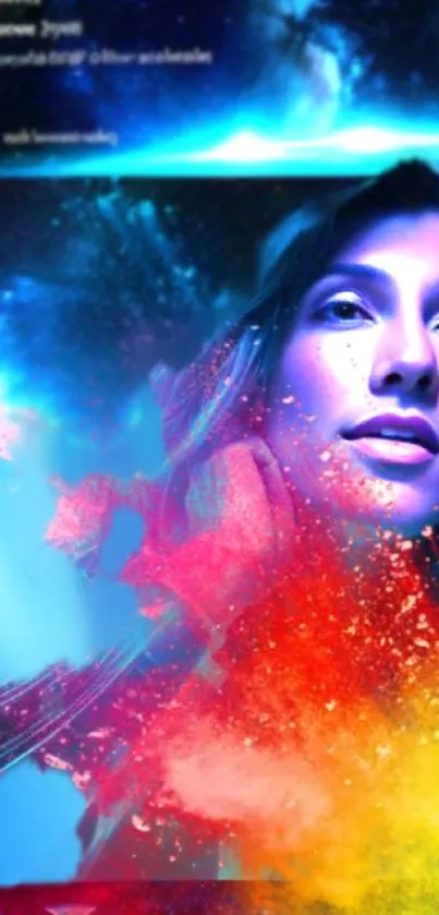 Colorful cosmic portrait digital wallpaper with abstract design.