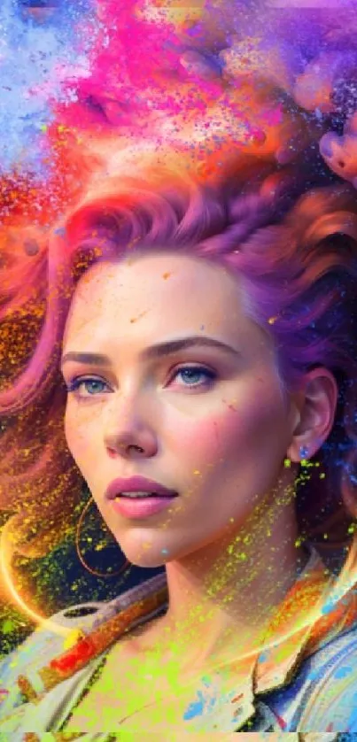 Vibrant cosmic portrait with swirling colors and abstract elements for phone wallpaper.