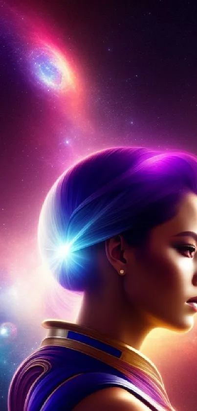 Mobile wallpaper of a luminous, violet-themed cosmic female portrait in space.