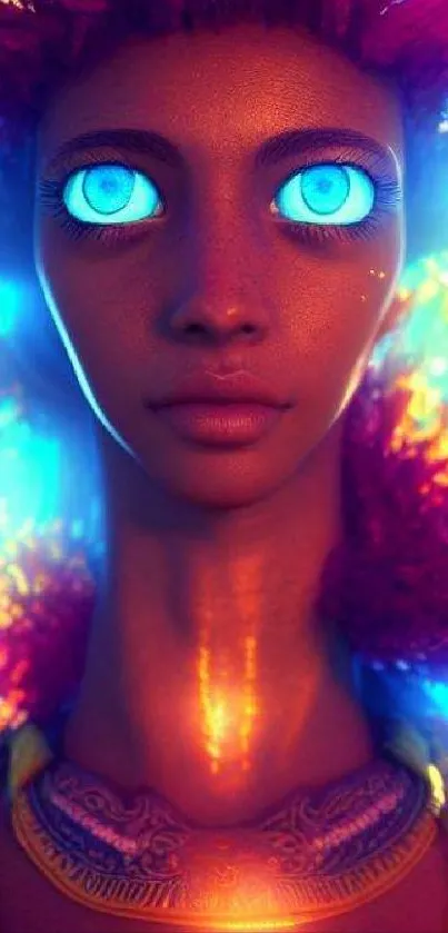 A cosmic portrait with glowing blue eyes and vibrant hues, ideal for mobile wallpaper.