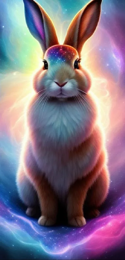 A vibrant, cosmic rabbit set against a colorful, dreamy space background.