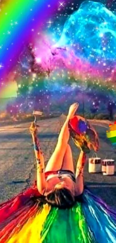 Cosmic rainbow-themed wallpaper with vibrant colors and an artistic, dreamy scene.