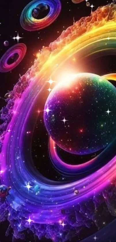 Vibrant rainbow ring space wallpaper featuring swirling planets.