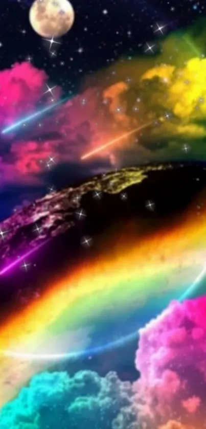 Vibrant cosmic wallpaper with rainbow clouds and stars.