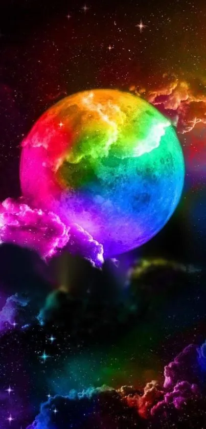 Vibrant rainbow sphere with colorful clouds in space.