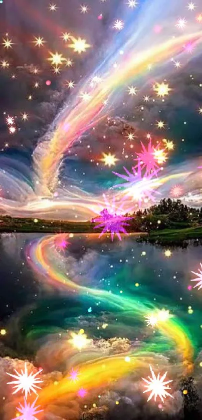 Cosmic rainbow and stars over a mirrored water surface at night.