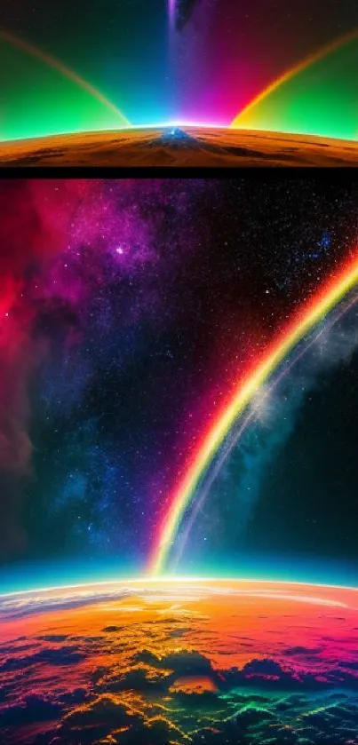 Colorful cosmic rainbow wallpaper with vibrant hues over a planetary horizon.