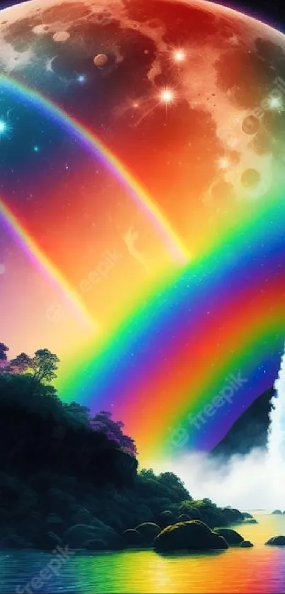 Colorful cosmic scene with rainbows and waterfalls under a starry sky.