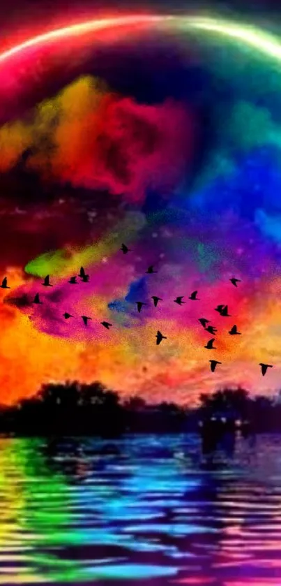 Cosmic rainbow wallpaper with birds and vibrant colors.