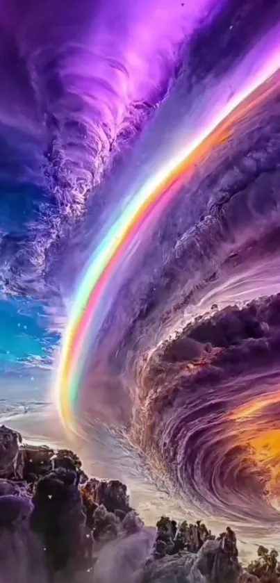 Cosmic wallpaper with vibrant rainbow and swirling clouds.