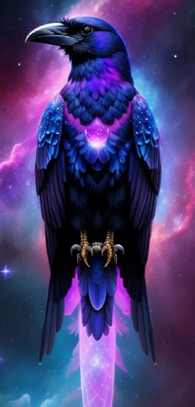 Vibrant cosmic raven with galaxy background in vivid colors.