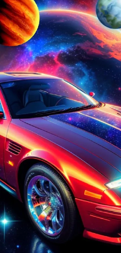 Red sports car with vibrant cosmic background featuring planets.
