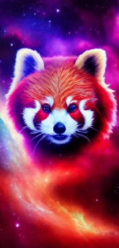 Red panda head in a cosmic, vibrant nebula background.