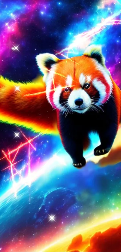 Vibrant red panda floating in a cosmic space scene.