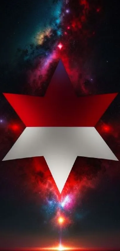 Cosmic red star with vibrant space background.