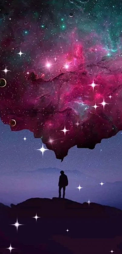 Silhouetted figure gazing at vibrant nebula in cosmic night sky.