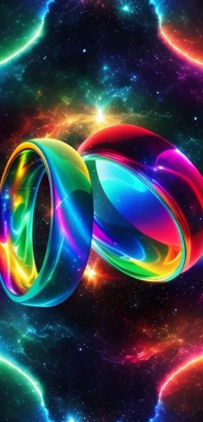 Colorful cosmic rings with vibrant colors in a starry universe background.