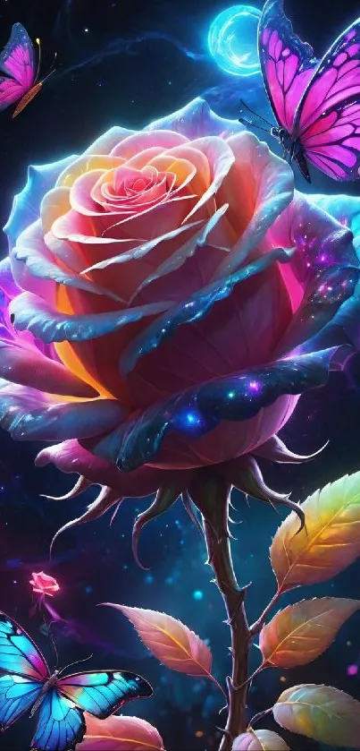 Vibrant rose and butterflies in a cosmic setting, perfect for mobile wallpaper.