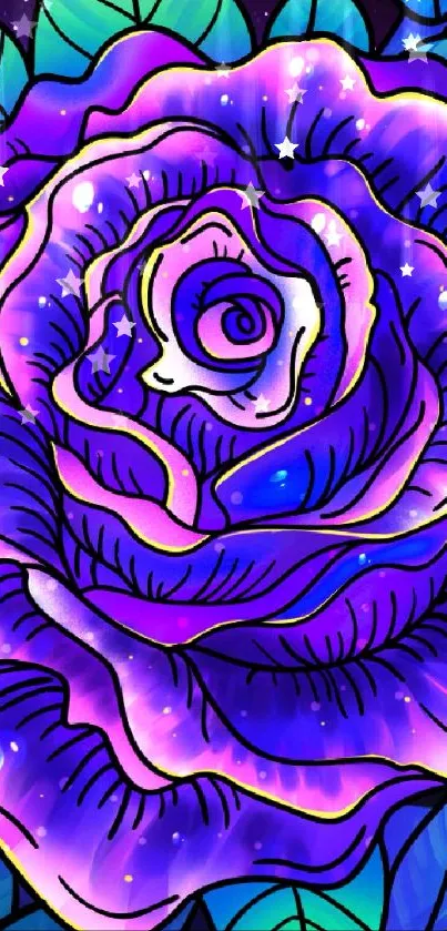 A vibrant purple cosmic rose with blue leaves and a starry background.