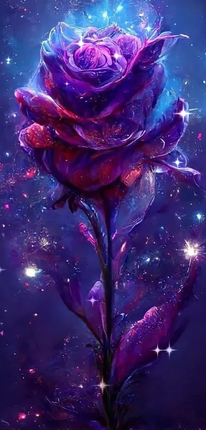 Enchanting cosmic rose with purple, blue hues and a magical glow.