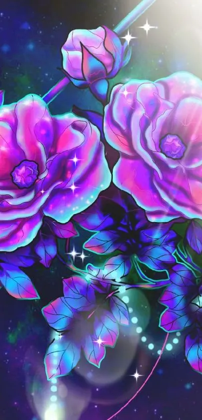 Vibrant cosmic rose wallpaper with neon hues and floral design.