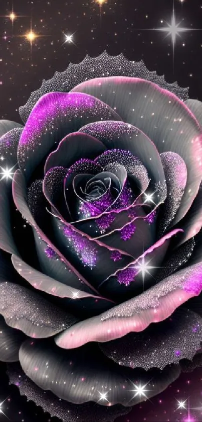 Cosmic purple rose with stars on a dark background.