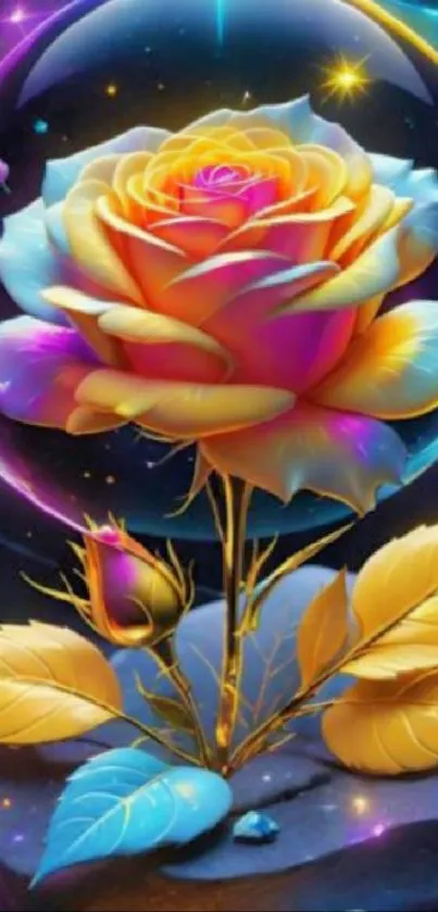 Colorful rose on cosmic background with glowing effects.