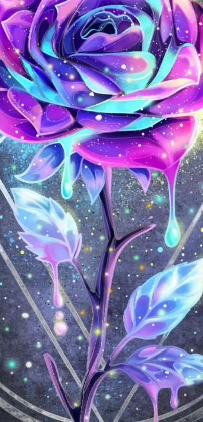 Vibrant cosmic rose with colorful petals on a starry background.