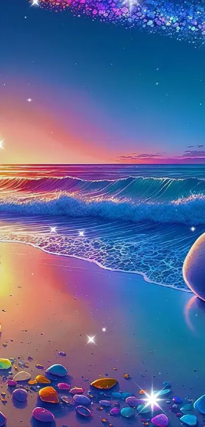 Vibrant sunset on a cosmic beach with ocean waves and starry sky.