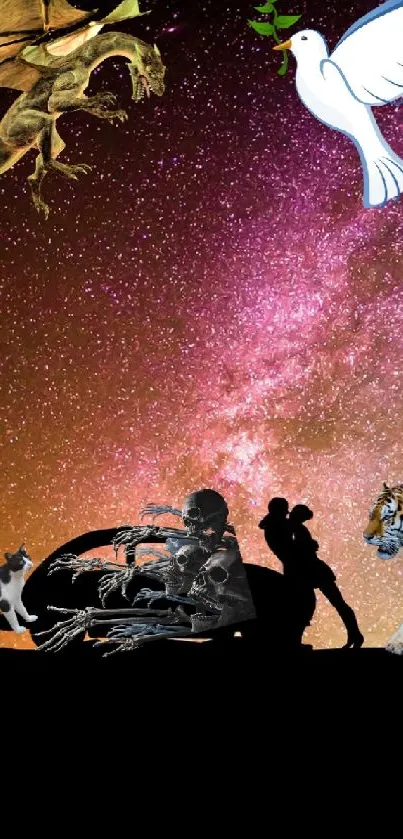 Vibrant cosmic silhouette wallpaper with mystical creatures under a starry sky.