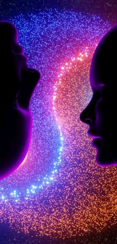 Two silhouetted faces with cosmic neon swirl background.