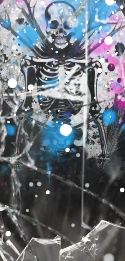 Cosmic skeleton wallpaper with vibrant colors and shattered glass effect.