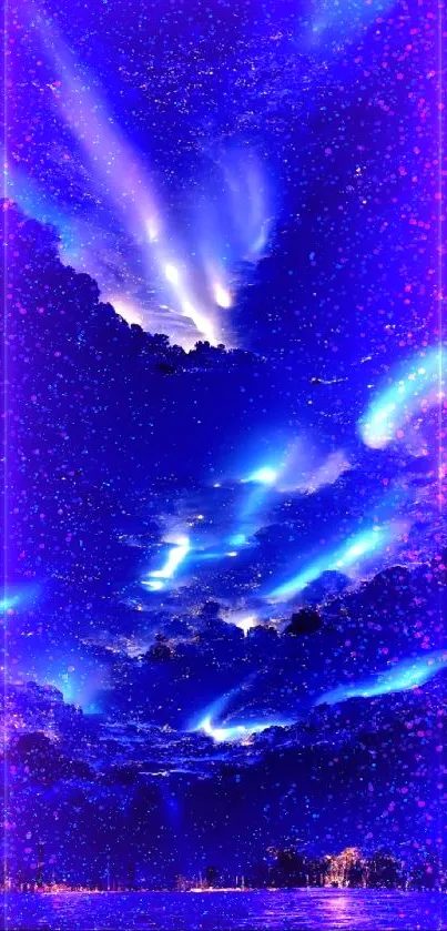 Vibrant blue cosmic sky with aurora light streaks in night sky.