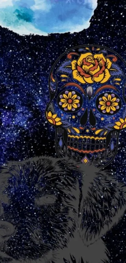 Colorful floral skull and dog on a starry dark blue background.