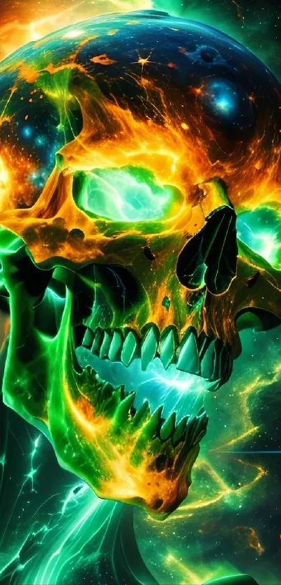 Vibrant cosmic skull wallpaper with neon colors.