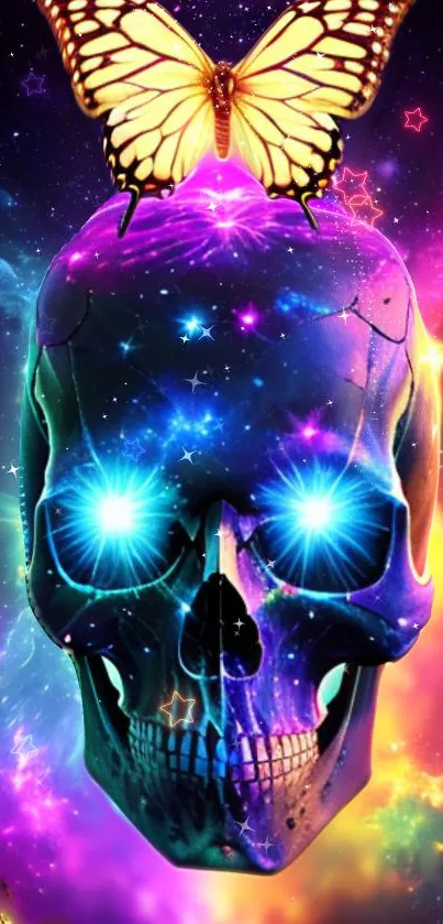 Cosmic skull with glowing eyes and butterfly in purple hues.