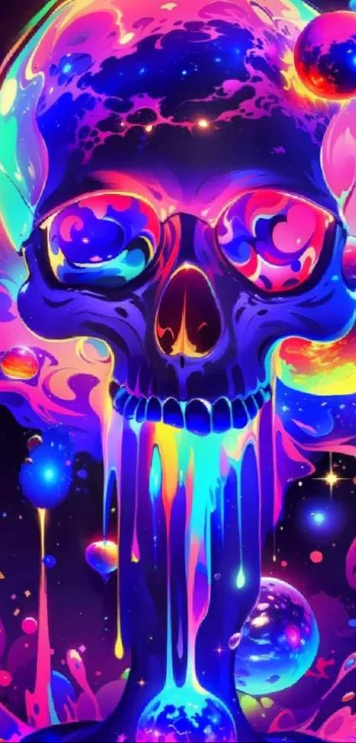 Vibrant neon cosmic skull wallpaper with galactic elements.