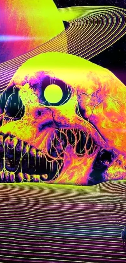 Neon-colored cosmic skull with space elements.