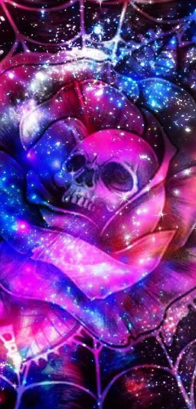 Vibrant purple skull rose with cosmic galaxy elements on mobile wallpaper.