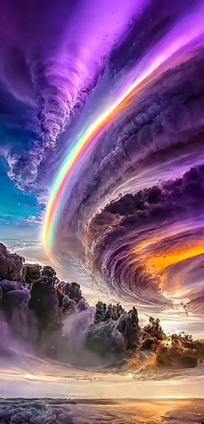 Vibrant cosmic sky art with rainbow and swirling clouds.
