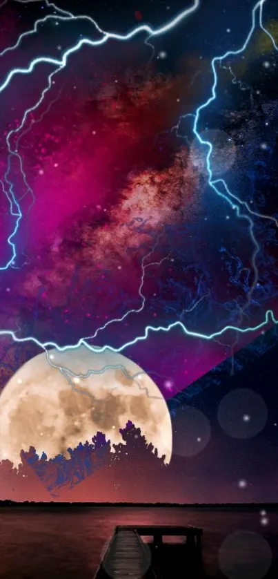 Vibrant cosmic wallpaper with purple sky and lightning.