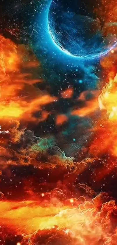 Vibrant cosmic sky wallpaper with blue planet and orange clouds.