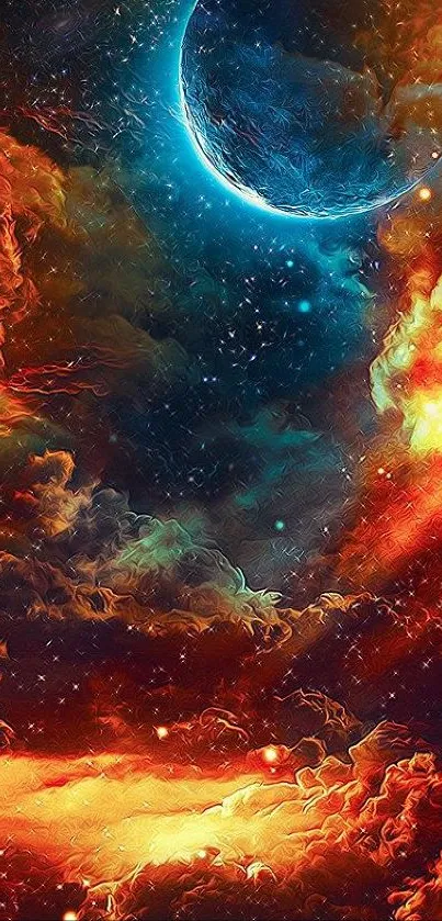 Vibrant cosmic sky wallpaper with fiery and mystical colors.