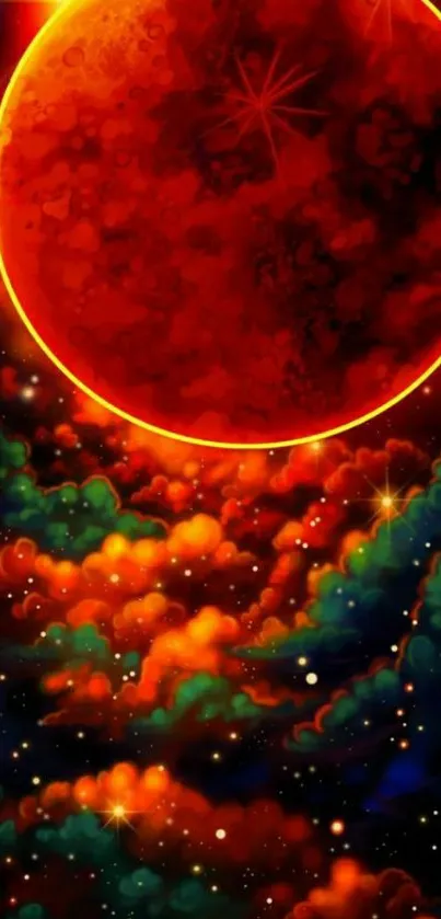 Red moon and vibrant cosmic sky wallpaper featuring colorful clouds and stars.