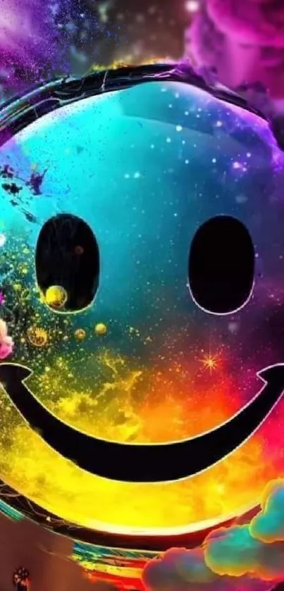 Colorful cosmic smiley face wallpaper with vibrant shades.