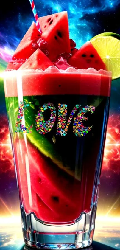 Vibrant watermelon smoothie with cosmic background and colorful letters spelling "LOVE".