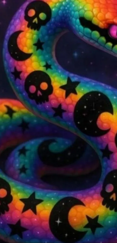 Rainbow snake with stars, moons, and skulls