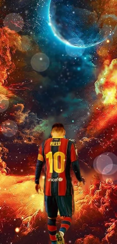 Colorful cosmic soccer art wallpaper featuring player.